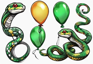 ballpython with colored ballons aside and a green gem on the other side tattoo idea