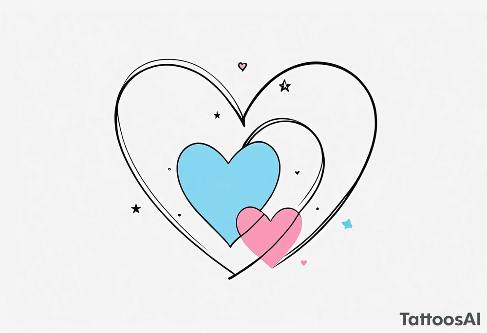 Two pink hearts one blue heart small star. Simple line tattoo idea