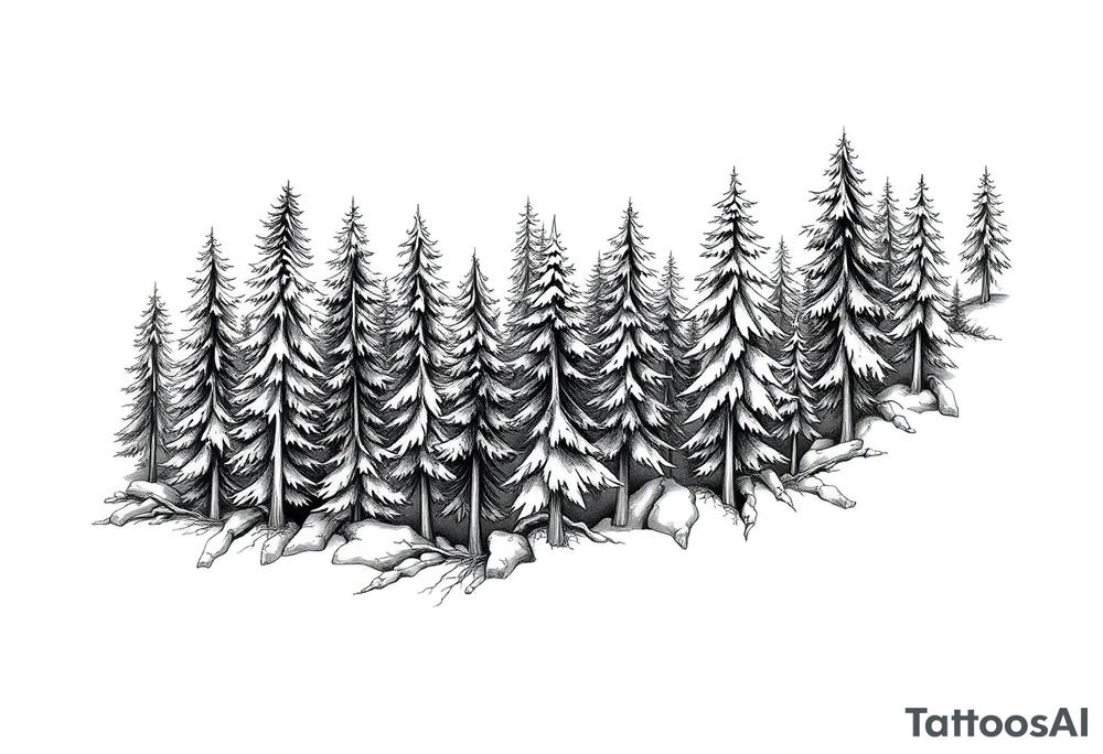 Coniferous forest tattoo sleeve black and gray tattoo idea Coniferous forest tattoo sleeve black and gray tattoo idea