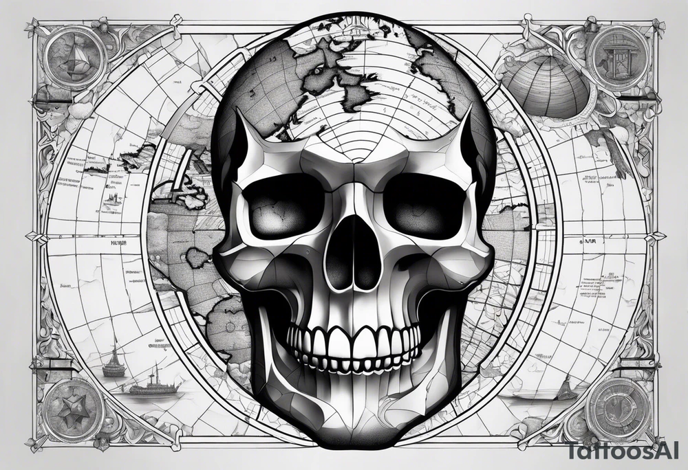 A skull depicting an ancient map with places marked, reminding us of the significance of each moment and the path we travel. tattoo idea