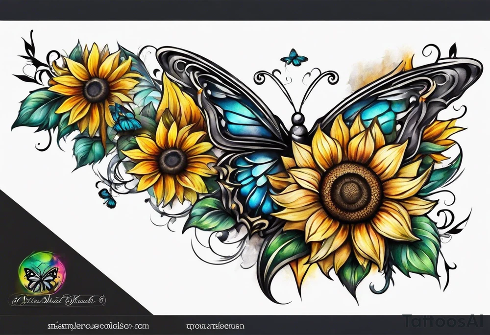 Winged cross with sunflowers and butterflies lower leg sleeve tattoo idea