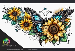 Winged cross with sunflowers and butterflies lower leg sleeve tattoo idea