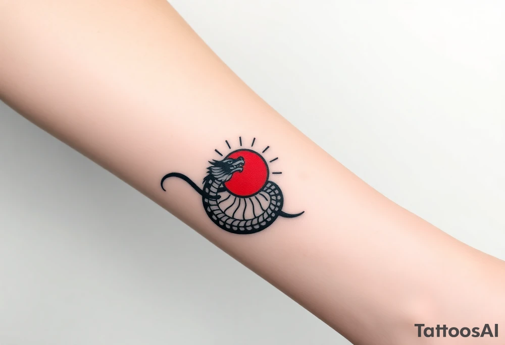 "Minimalist black and red forearm band tattoo. Seamless 360° design combining:  
1. Greek meander (geometric flow)  
2. Polynesian tribal rhythm (bold lines)  
3. Chinese dragon (abstract zigzag)  

Key elements:  
- Small red sun (circle + 4 rays) — only color  
- Dragon fused with meander (single continuous line)  
- Golden ratio proportions  

Style: Clean line art, 1.5mm thickness, no shading. Sacred and balanced." tattoo idea