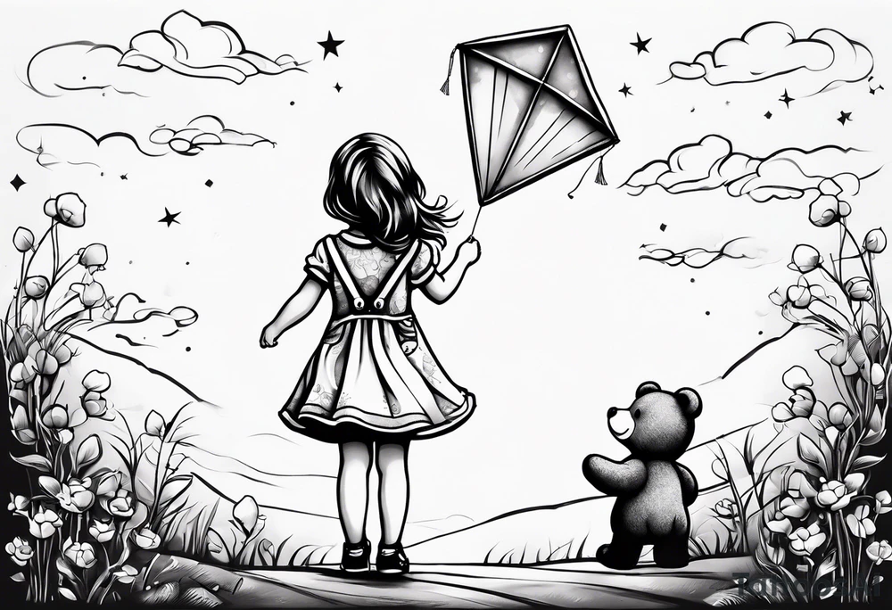 back image of a little girl in a dress, holding a kite , a teddy bear in overalls standing beside her tattoo idea