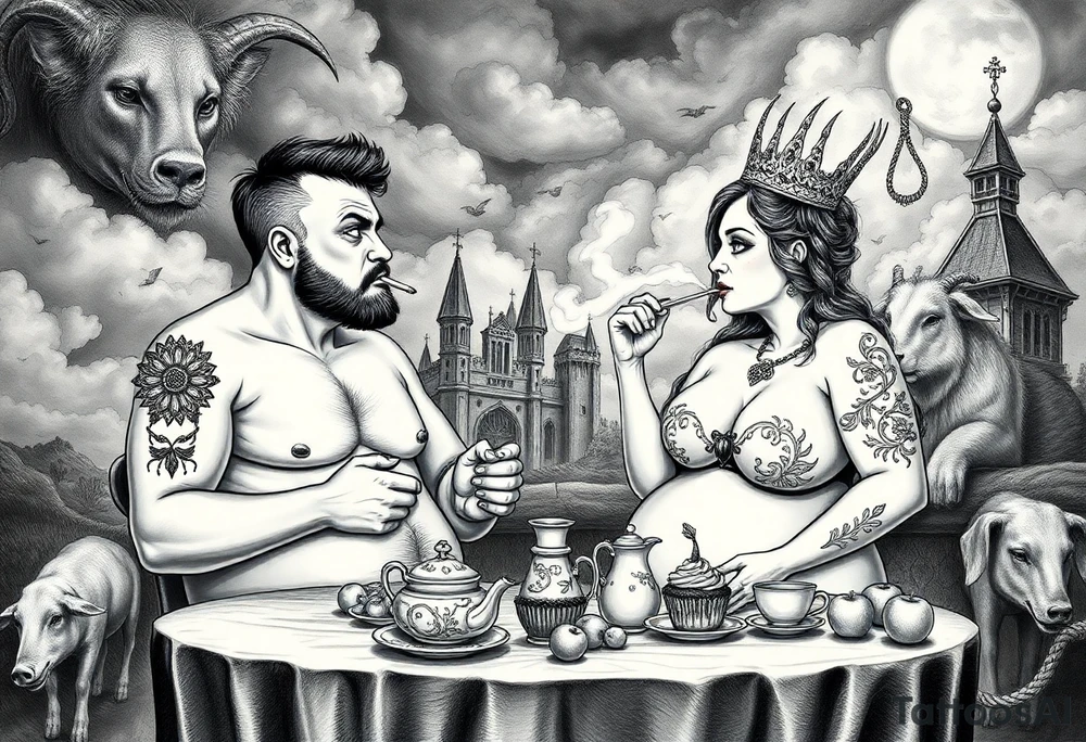 Naked Man and fat woman having sex eating cupcakes and  fruit  having sexy naked fat lady having a tea party with tea pots  with medieval castle  
with mystical  aries a pigs, peacock,  lion, goat, noose and smoking cigerettes looking in the mirror thru storm clouds and broken hearts and darkness and wrath, envy , gluttony, greed, sloth, pride . Gothic tattoo idea
