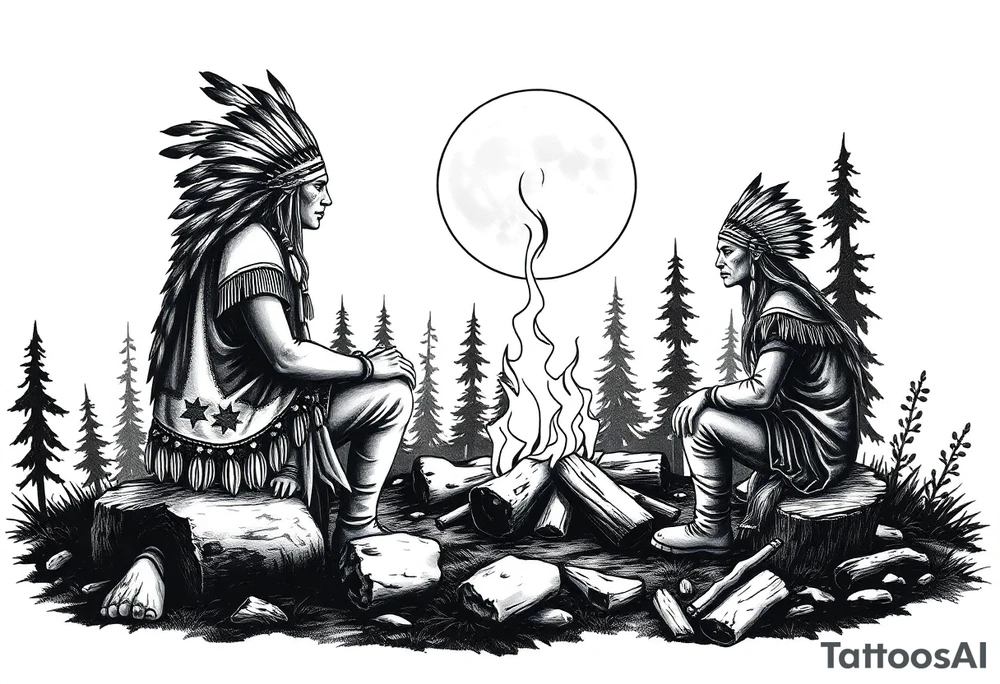 Native americans by campfire silhouette in moonlight in nature tattoo idea