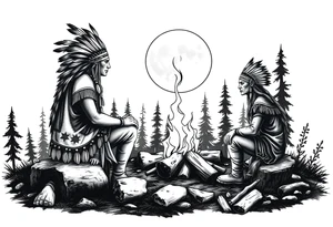 Native americans by campfire silhouette in moonlight in nature tattoo idea