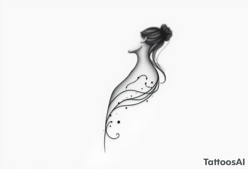 Black and gray tattoo design in fine line and soft shading style, depicting an abstract female silhouette in profile, elegant and poetic. From her chest, fluid and smoke-like shapes flow outward, symbolizing emotional healing, self-acceptance, and breathing oneself back to life. The design should feel ethereal and dreamlike, with delicate dots, subtle gradients, and graceful movement. No flowers, no butterflies, no geometric patterns. The composition should be around 7–8 cm in proportion, suitable for an arm placement, with a clean and feminine aesthetic but full of emotion and symbolism. tattoo idea