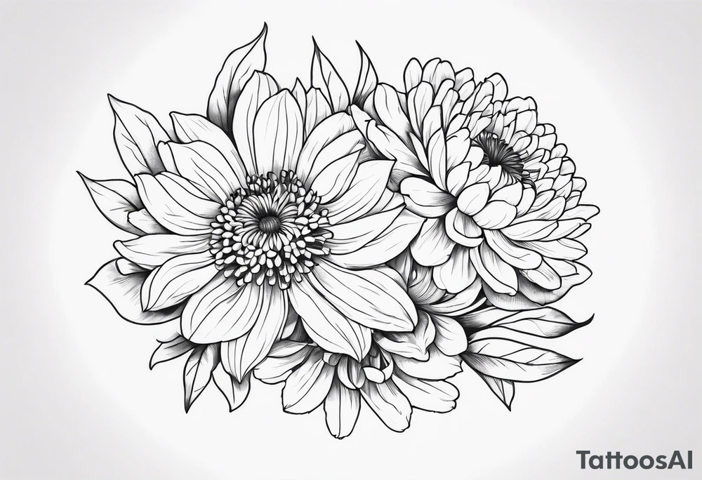 chrysanthemum and daffodil linework tattoo idea