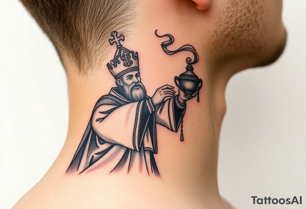 Russian Orthodox Priest in a fully detailed gold vestment swinging a censer with smoke curling upward tattoo idea