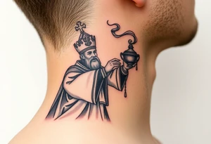 Russian Orthodox Priest in a fully detailed gold vestment swinging a censer with smoke curling upward tattoo idea