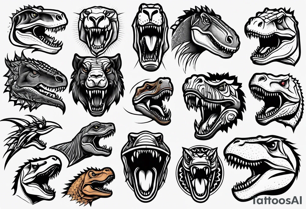 Variety of trex faces traditional style flash sheet tattoo idea
