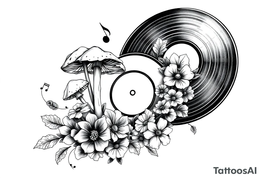 vinyl record with mushrooms, flowers, and music notes tattoo idea