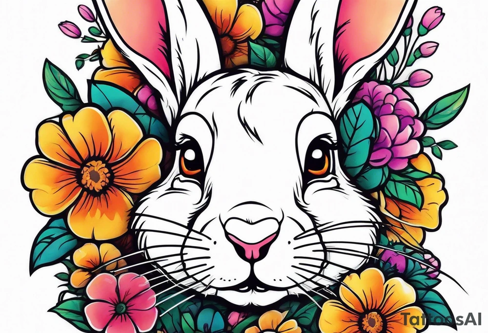 Realistic rabbit head and flowers tattoo idea