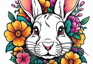 Realistic rabbit head and flowers tattoo idea