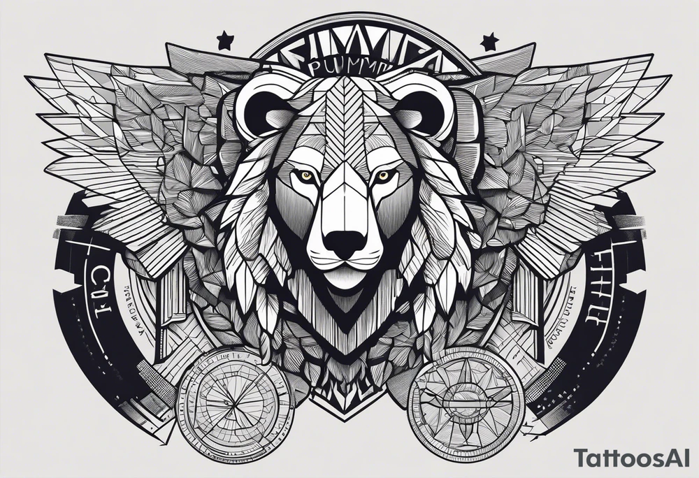 Words: Courage, determination, patience, focus, resilience. Image: Geometric eagle face, bull and bear faces divided by the financial market dump and pump. Graphics, symbols of intelligence interconnected with books and studies that represent the search for knowledge as a person guided by humanity and human philosophy. Image for the right arm and right forearm. Use geometric shapes and lines to connect images. all imagens unity tattoo idea