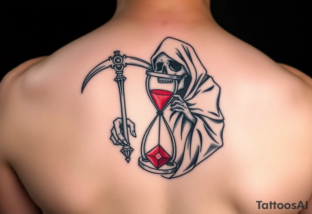 Simple grim reaper holding a hourglass with red sand and diamond like geometric shapes tattoo idea