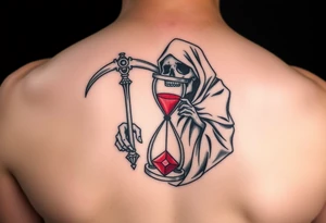 Simple grim reaper holding a hourglass with red sand and diamond like geometric shapes tattoo idea