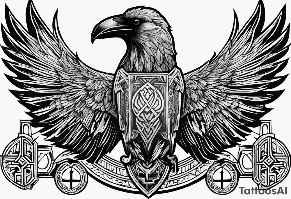 Black and white odins raven in a Norse rune style for placement on the neck with the ravens wings going up the sides of the neck tattoo idea