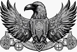 Black and white odins raven in a Norse rune style for placement on the neck with the ravens wings going up the sides of the neck tattoo idea
