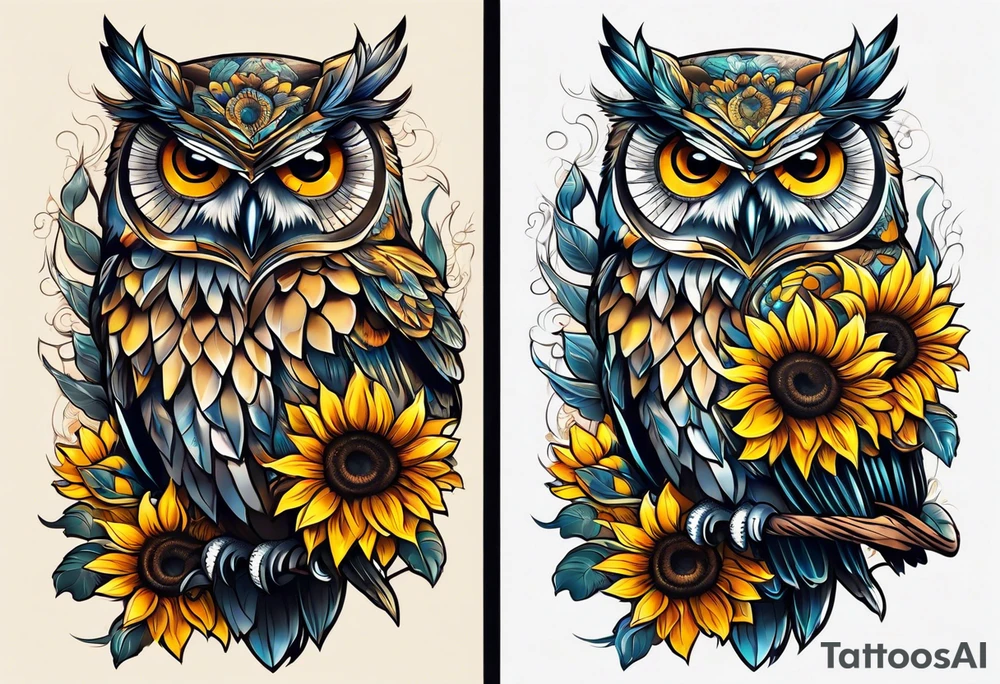 Owl with sunflowers leg sleeve tattoo idea