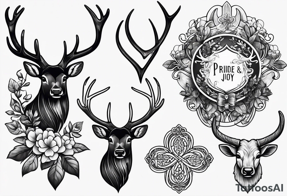 set of antlers and shamrock, labeled My Pride & Joy tattoo idea