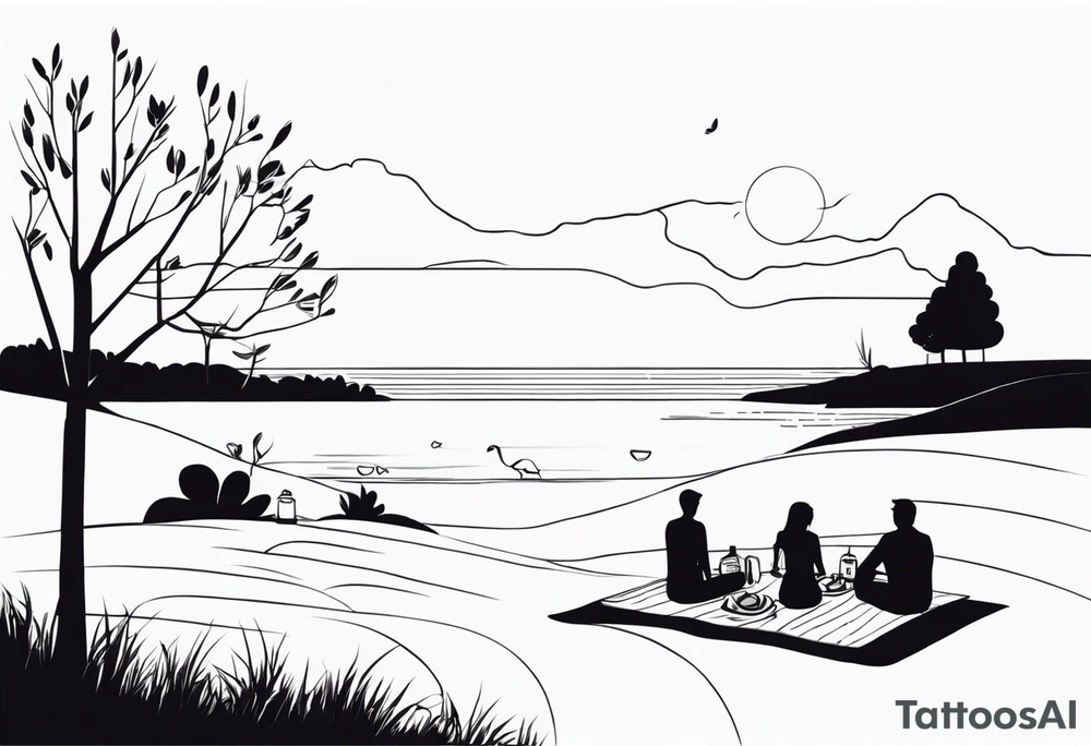 Very light and minimalstic picnic scene in nature. Thin lines. tattoo idea