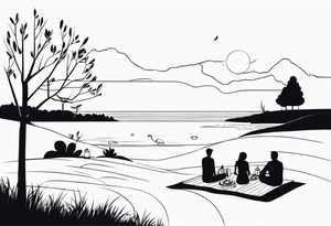 Very light and minimalstic picnic scene in nature. Thin lines. tattoo idea