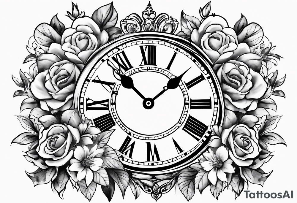 flowers hearts time clock tattoo idea