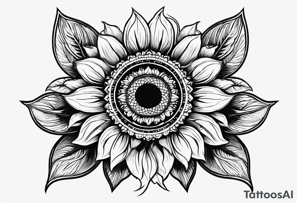 Beautiful symmetrical sunflowers with the word NAJE in the middle tattoo idea