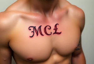 realistic tattoo design of "MCL" on upper left  side of chest, shaded to look as if tattoo was carved into the skin, red and black tattoo idea
