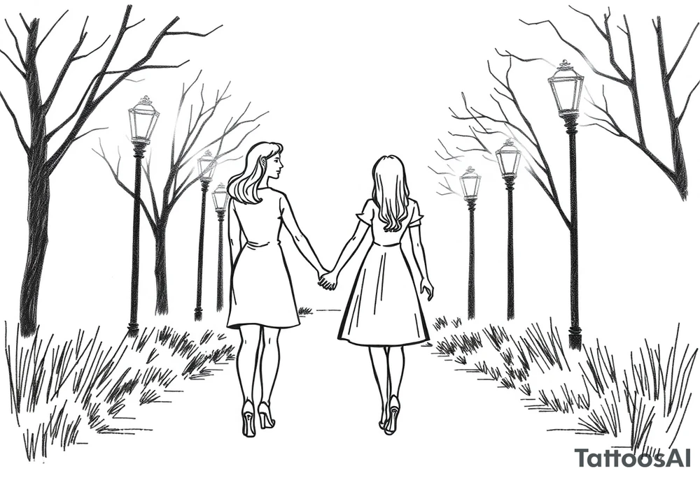 Romantic date between a couple holding hands walking down a path holding hands under street lights tattoo idea