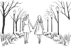 Romantic date between a couple holding hands walking down a path holding hands under street lights tattoo idea
