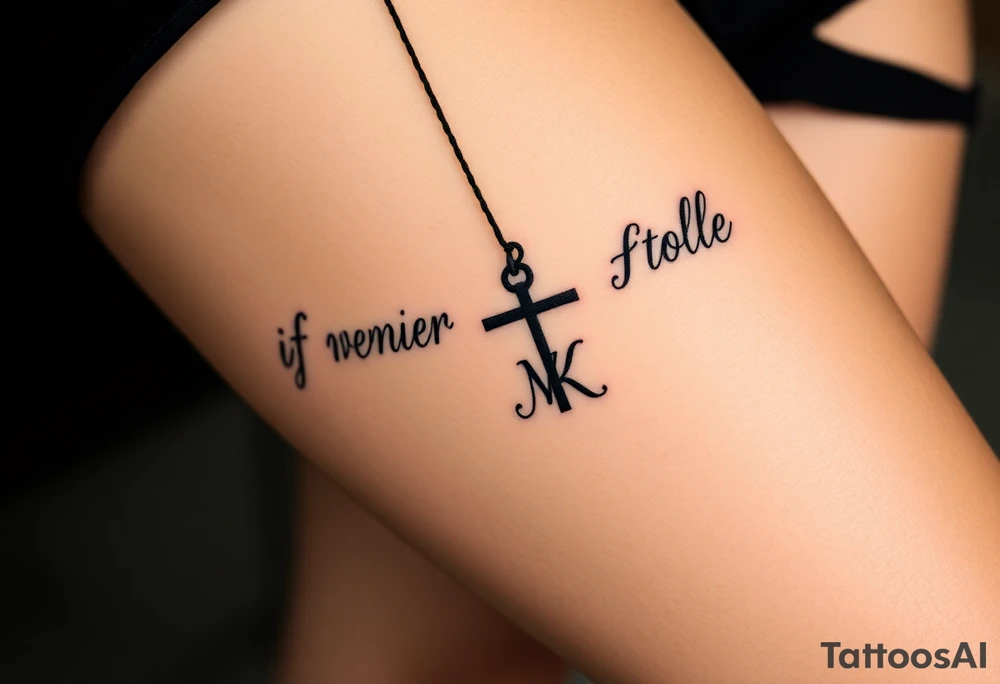 Cross with necklace on leg with initial MK tattoo idea