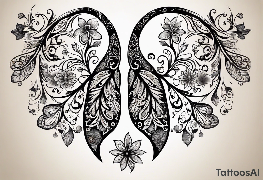 intricate and artistic arrangement of flowers and ornamental patterns that come together to form the shape of human lungs. The design should have a balance of delicacy and detail, with vibrant floral elements seamlessly intertwining to mimic the structure of the lungs, including the bronchi branching into floral motifs. Incorporate subtle shading and depth to give the tattoo a dynamic and organic feel, while maintaining elegance and symmetry, embrace by an octopus and butterflies flying around tattoo idea