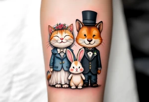 A playful cat, a loyal dog, and a tiny bunny dressed as a bride, groom, and wedding guest, standing side by side. tattoo idea