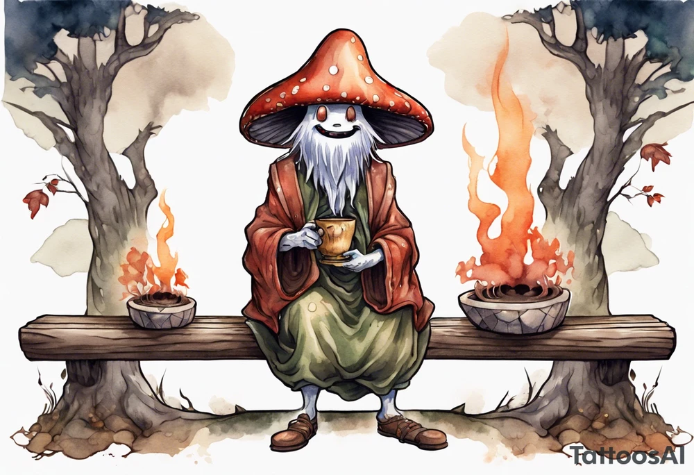 a mushroom-creature wearing a  medieval tunic sitting on a bench by a fireplace drinking from a wood cup, laughing tattoo idea