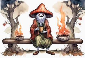 a mushroom-creature wearing a  medieval tunic sitting on a bench by a fireplace drinking from a wood cup, laughing tattoo idea