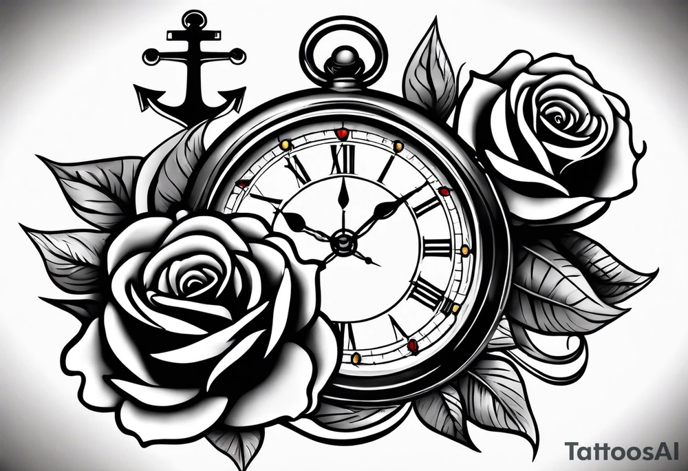 Cross anchor clock and Rose for a halve sleeve tattoo idea