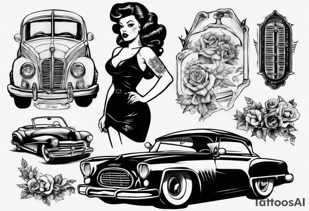 Pinup doll next to old vintage car tattoo idea
