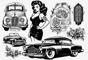 Pinup doll next to old vintage car tattoo idea