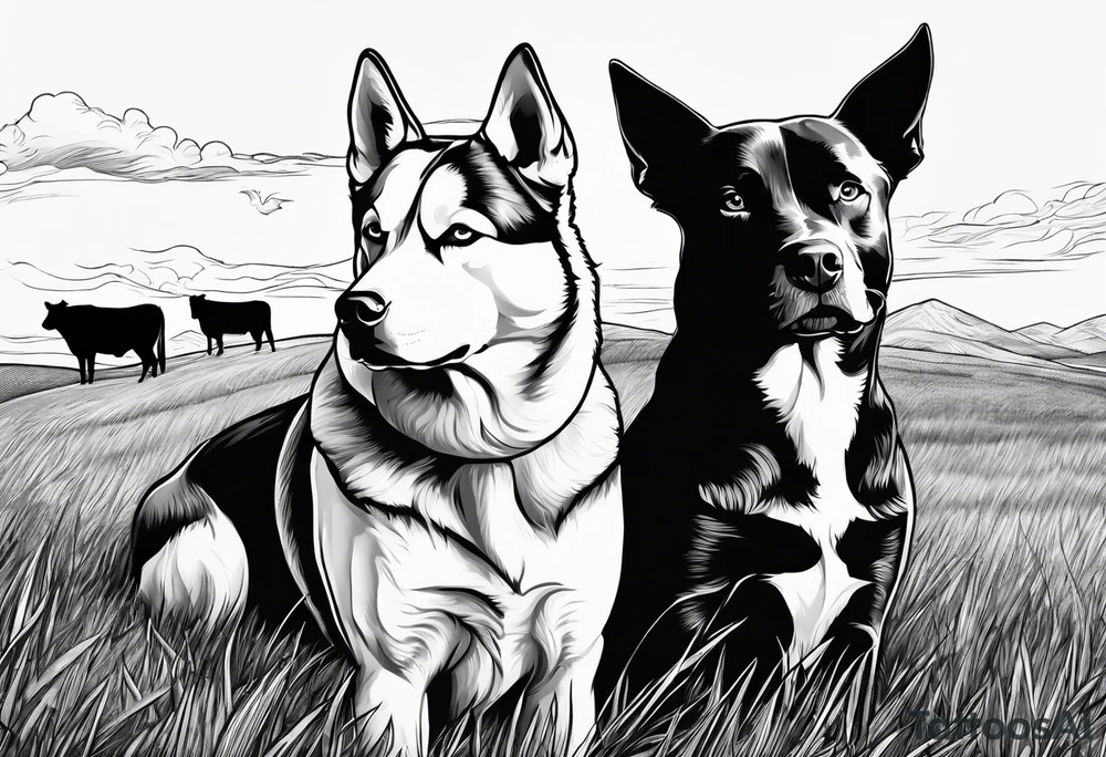 husky and pitbull looking at cow pasture tattoo idea