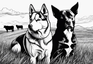 husky and pitbull looking at cow pasture tattoo idea