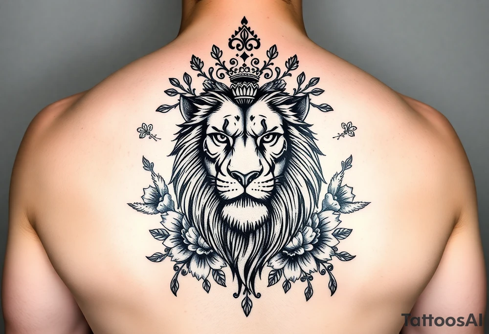 powerful majestic lion with a crown, surrounded by floral ornaments and birds tattoo idea