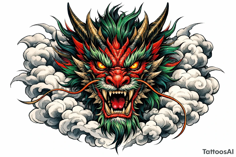 Mythical Chinese dragon head emerging from clouds, stylized, vibrant colors, full frontal view. tattoo idea