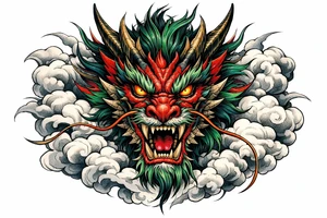 Mythical Chinese dragon head emerging from clouds, stylized, vibrant colors, full frontal view. tattoo idea