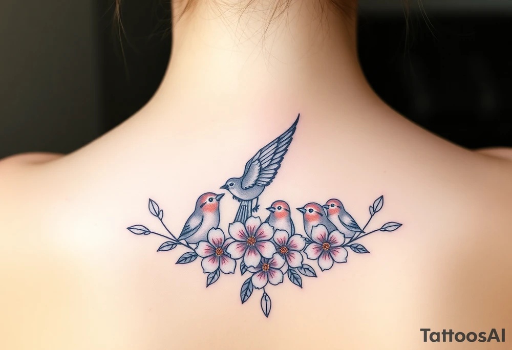Mom bird and three baby birds with flowers tattoo idea