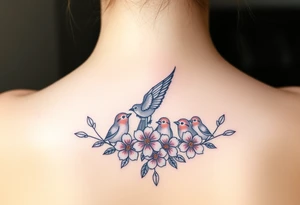 Mom bird and three baby birds with flowers tattoo idea