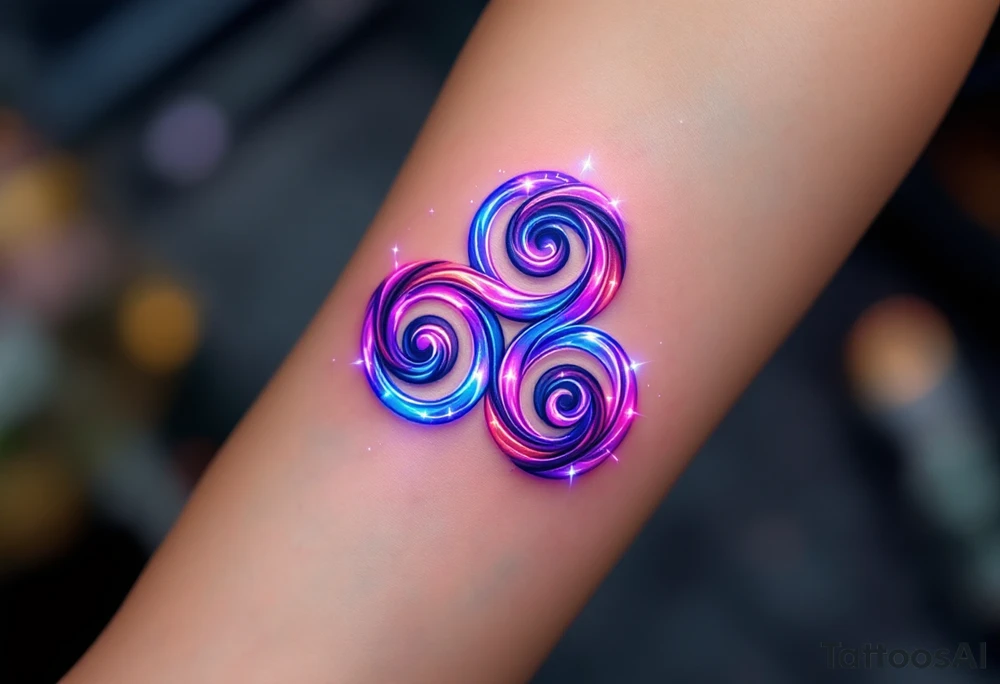 A glowing three triskelion spirals design with purples, blues, and pinks, creating an ethereal, dreamlike effect. tattoo idea