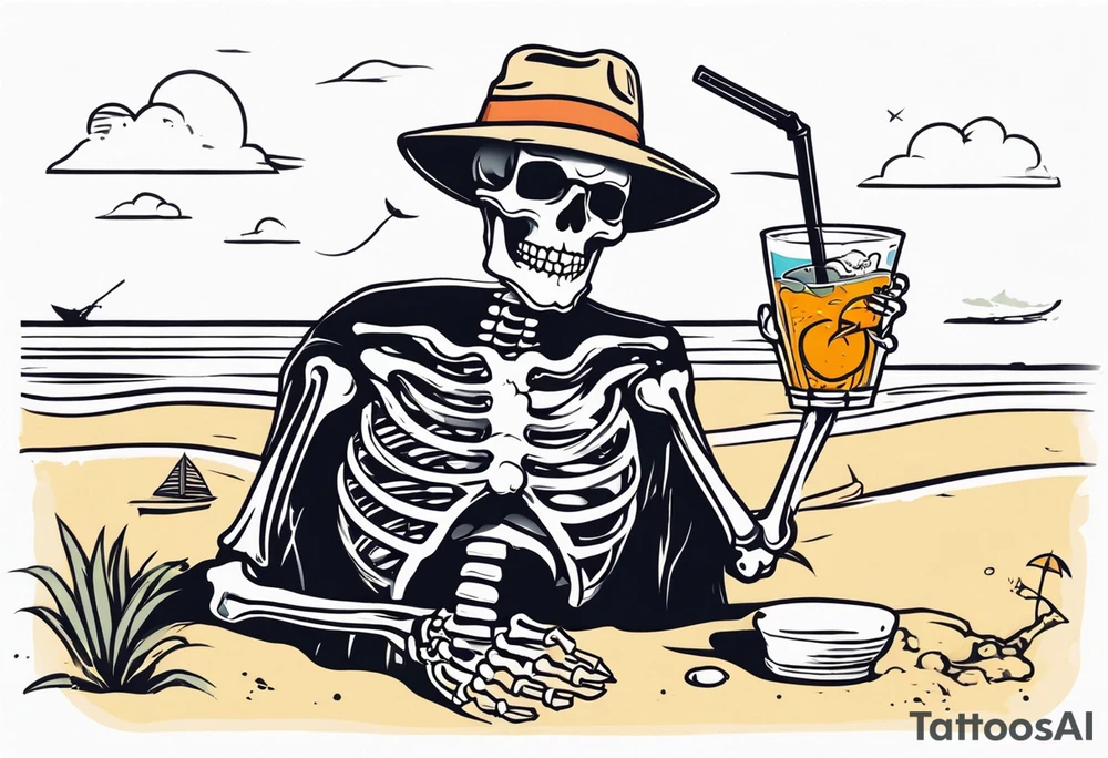 skeleton wearing a button up hawaiian shirt relaxing on the beach with a drink tattoo idea